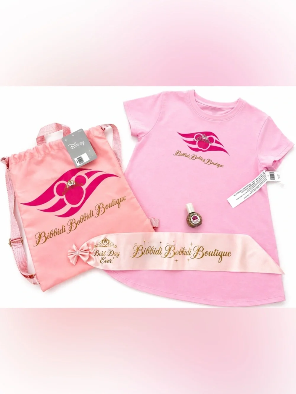 NWT Disney Cruise Bibbidi Bobbidi Boutique Princess Sash Backpack & Shirt XL